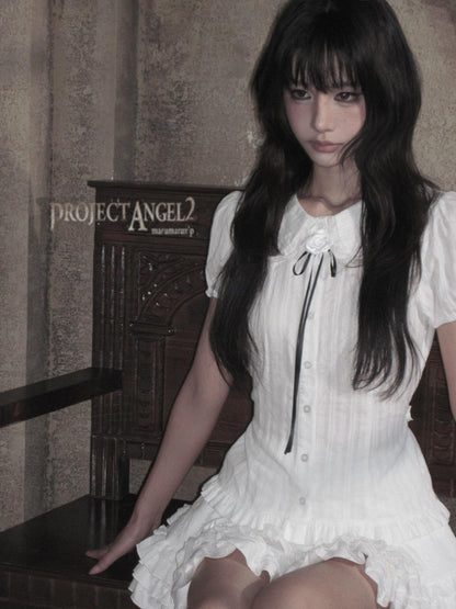 marumaruzip Lace Bow Puff Sleeve Doll Collar Women&