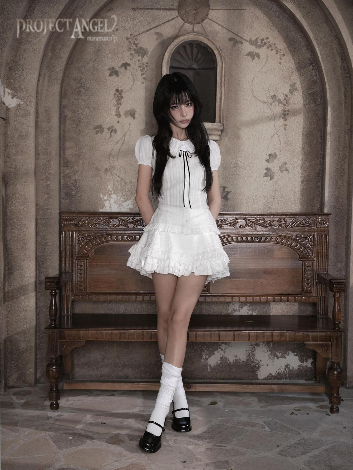 marumaruzip Lace Bow Puff Sleeve Doll Collar Women&