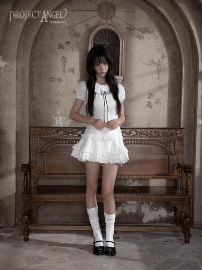 marumaruzip Lace Bow Puff Sleeve Doll Collar Women&