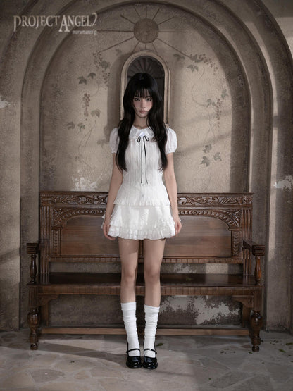 marumaruzip Lace Bow Puff Sleeve Doll Collar Women&