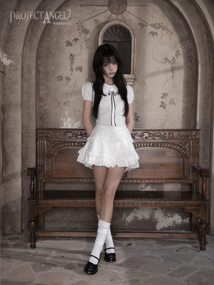 marumaruzip Lace Bow Puff Sleeve Doll Collar Women&