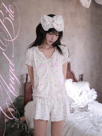 marumaruzip Pink Cross Floral Allover Print Puff Sleeve Women&