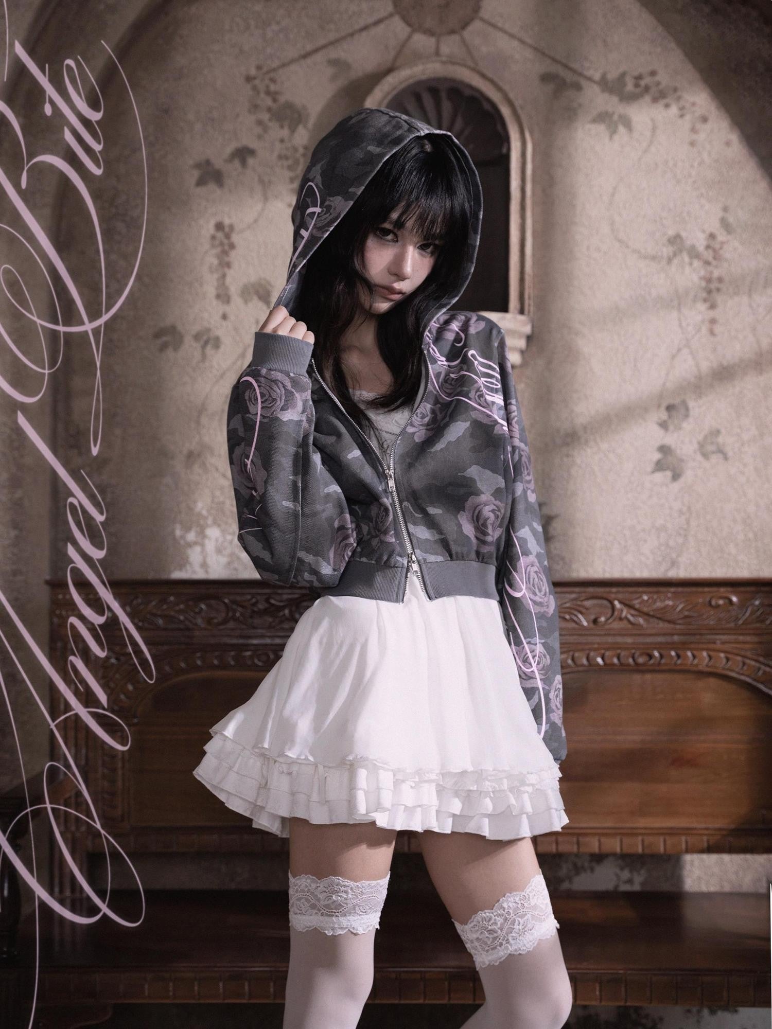 marumaruzip Pink Rose Camo Letter Print Loose Zipper Women&