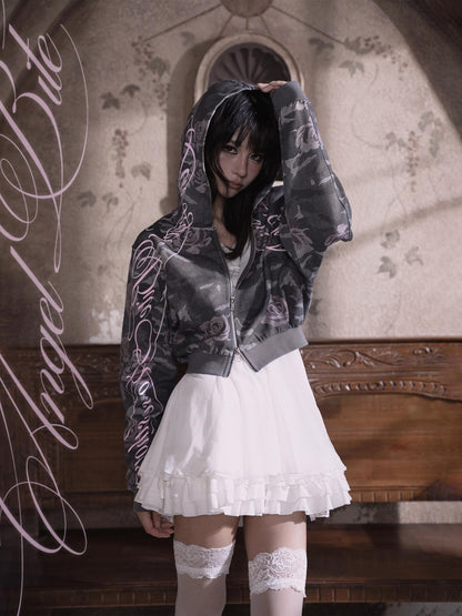 marumaruzip Pink Rose Camo Letter Print Loose Zipper Women&
