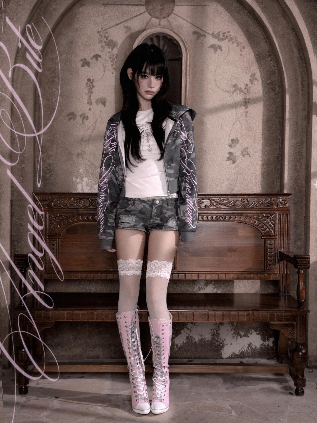 marumaruzip Pink Rose Camo Letter Print Loose Zipper Women&