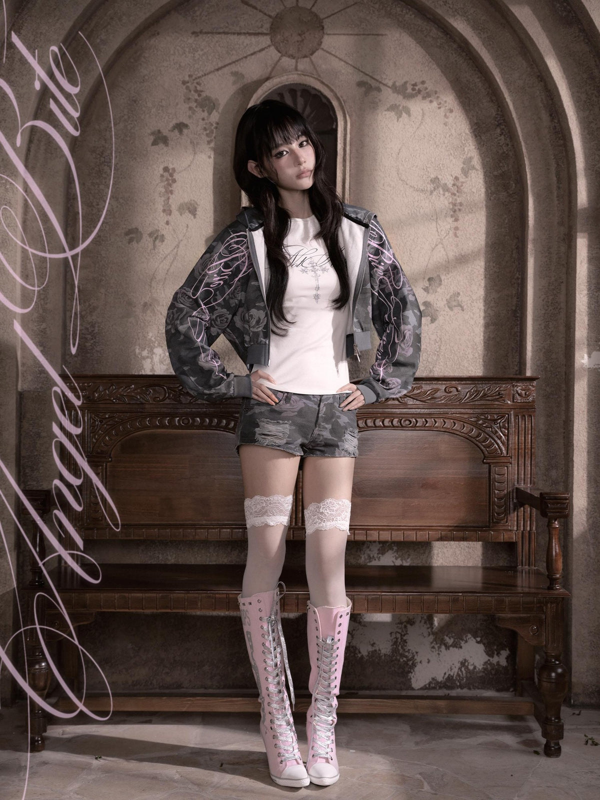 marumaruzip Pink Rose Camo Letter Print Loose Zipper Women&