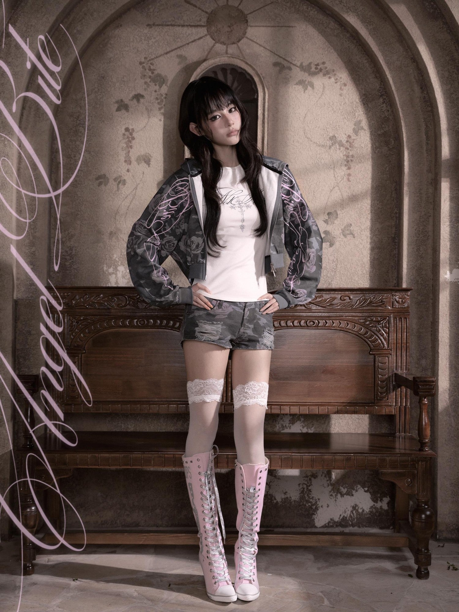 marumaruzip Pink Rose Camo Letter Print Loose Zipper Women&