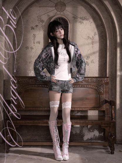 marumaruzip Pink Rose Camo Letter Print Loose Zipper Women&