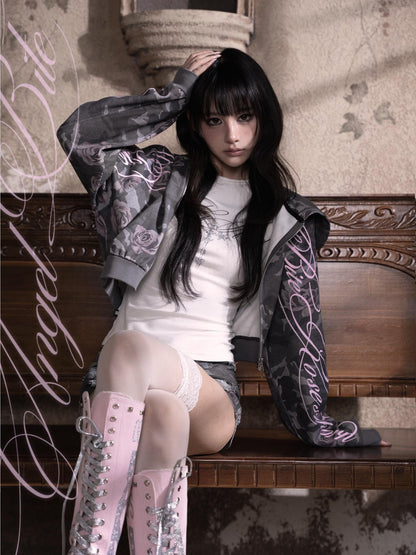 marumaruzip Pink Rose Camo Letter Print Loose Zipper Women&