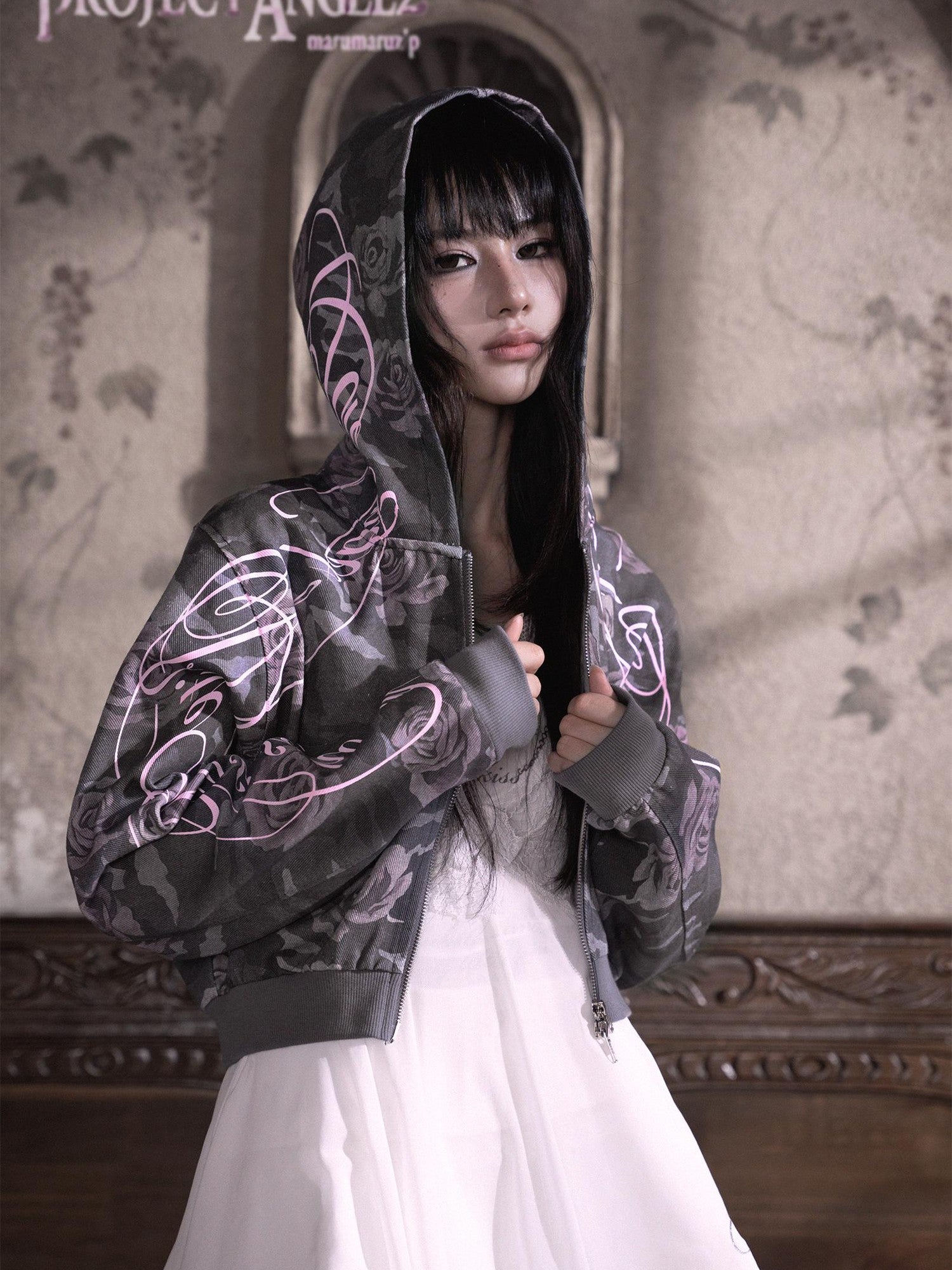 marumaruzip Pink Rose Camo Letter Print Loose Zipper Women&