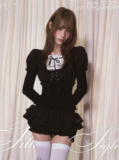 marumaruzip Puff Sleeve Drawstring Tie Cropped Women&