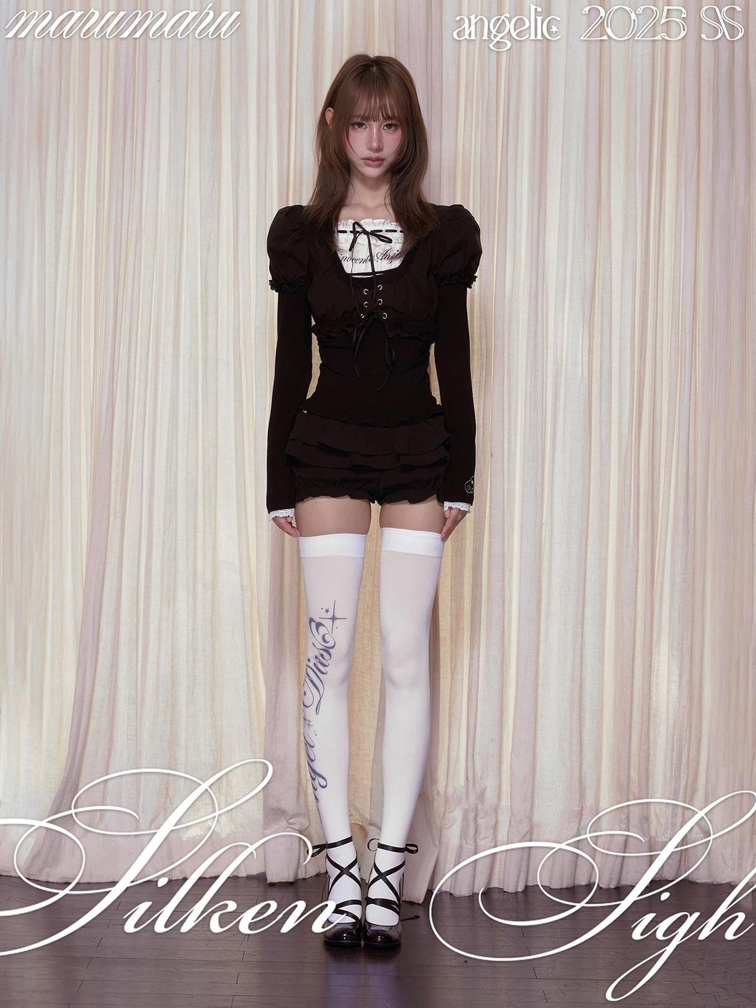 marumaruzip Puff Sleeve Drawstring Tie Cropped Women&