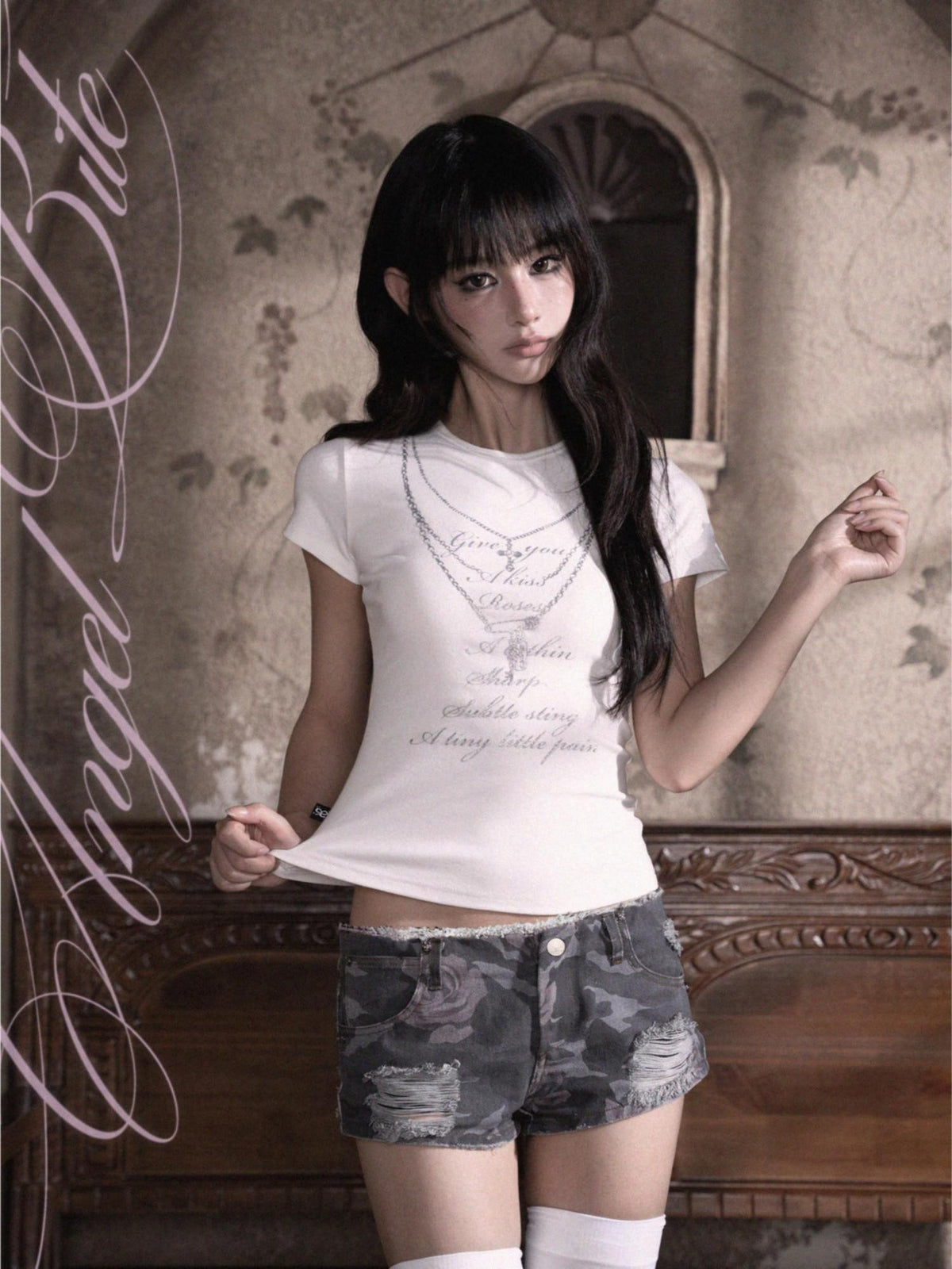 marumaruzip Rose Camo Distressed Button Fly Women&