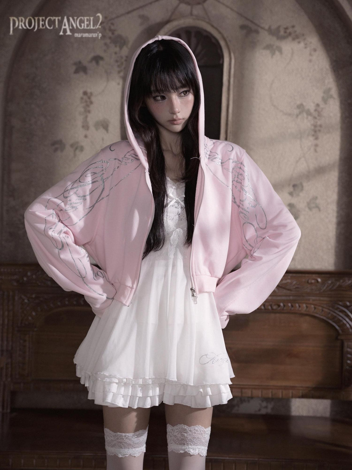 marumaruzip Silver Glitter Pink Print Loose Fit Zipper Women&