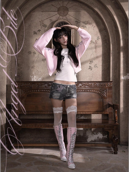 marumaruzip Silver Glitter Pink Print Loose Fit Zipper Women&
