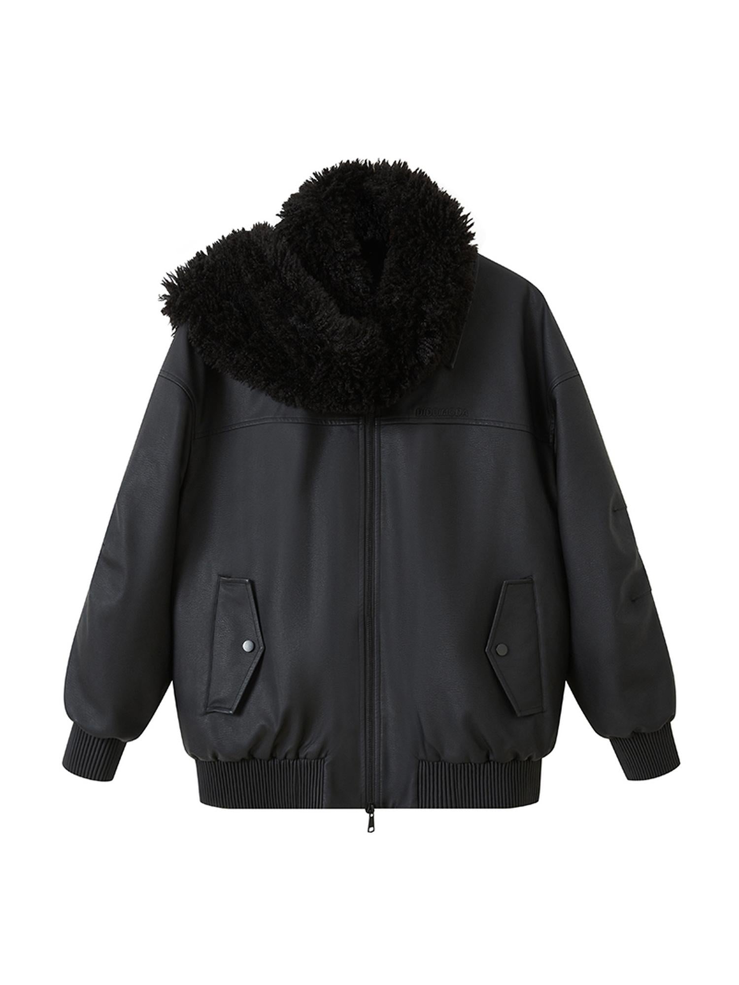 DIDDI MODA Matte Black Faux Fur Scarf Leather Jacket Winter 2024