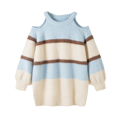 DIDDI MODA Off Shoulder V Neck Striped Knit Sweater