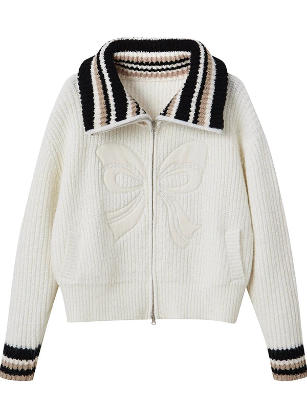 Vintage Ribbon Knot High Neck Knit Cardigan