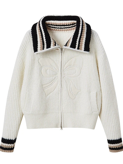 Vintage Ribbon Knot High Neck Knit Cardigan