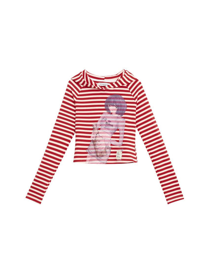 Achihara Drunk Minnie Striped Hoodie Tee