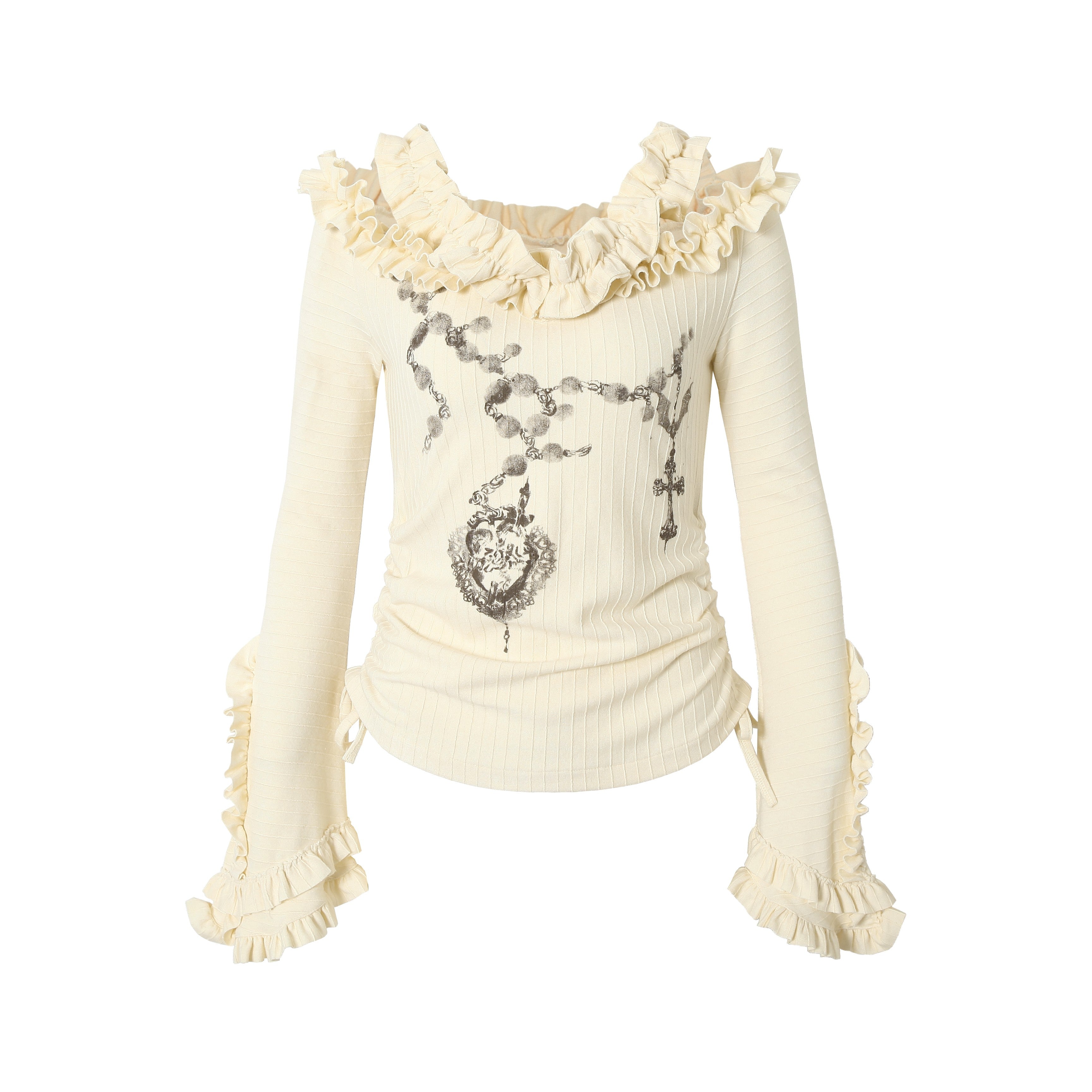 NO ROMANCE禁忌浪漫 Vintage Reversible Off-Shoulder Bell Sleeve Knit T-Shirt