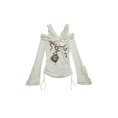 NO ROMANCE禁忌浪漫 Vintage Reversible Off-Shoulder Bell Sleeve Knit T-Shirt