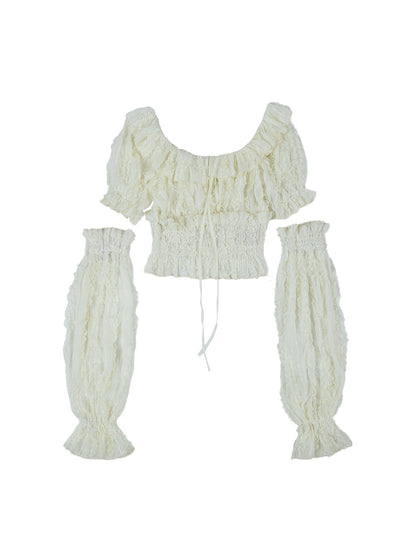 Vintage Lace Puff Sleeve Off Shoulder Blouse Top