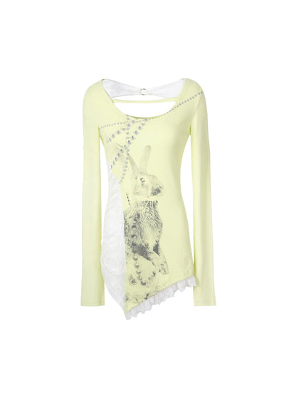 Spring Bunny Print Lace Pearl Embellished Long Sleeve T-Shirt
