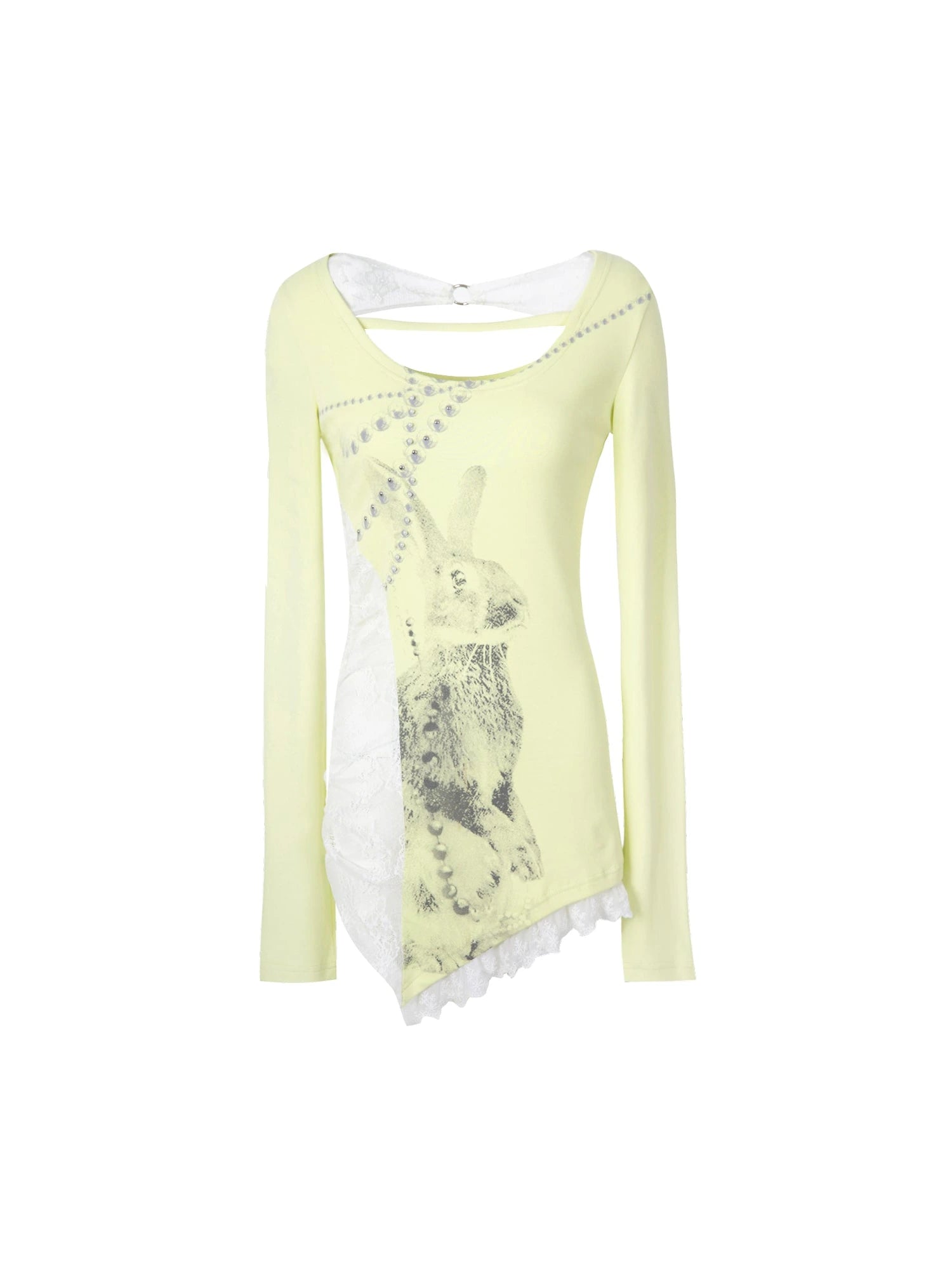Spring Bunny Print Lace Pearl Embellished Long Sleeve T-Shirt