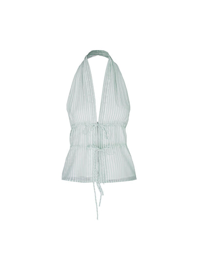 STRIKE A POSE Sweet Comfortable Backless Mesh Striped Ruffle Floral Embroidered Halter Top