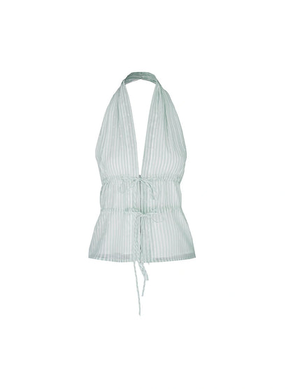 Sweet Comfortable Backless Mesh Striped Ruffle Floral Embroidered Halter Top