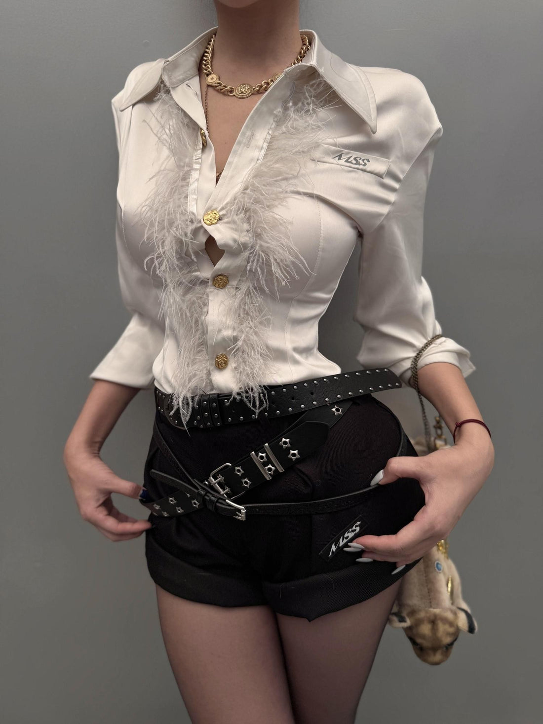mss studio Black White Contrast Ostrich Feather Trim Women&