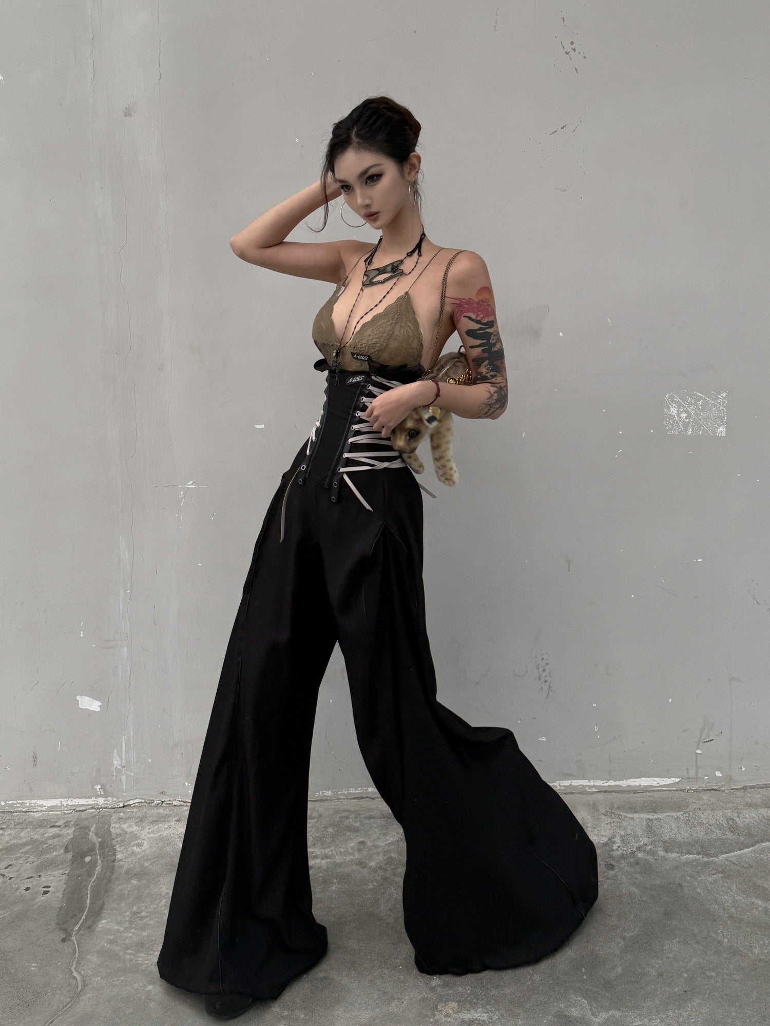 mss studio Diagonal Twill Tie Waist Cinched Slimming Women&