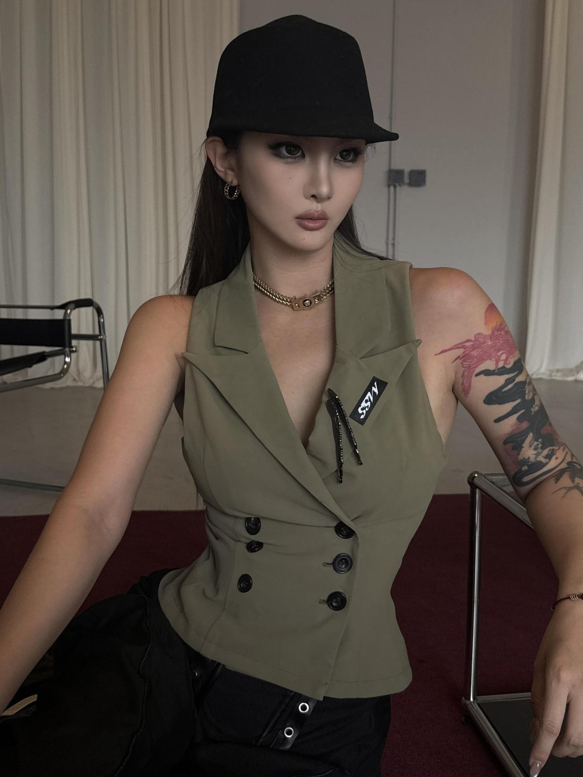 mss studio Double Breasted Waist Cinch Lapel Suede Women&