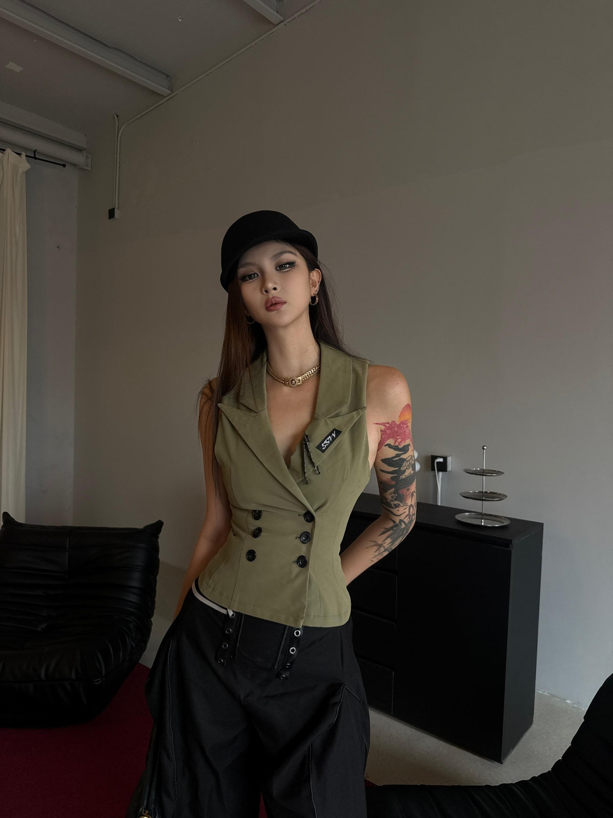mss studio Double Breasted Waist Cinch Lapel Suede Women&