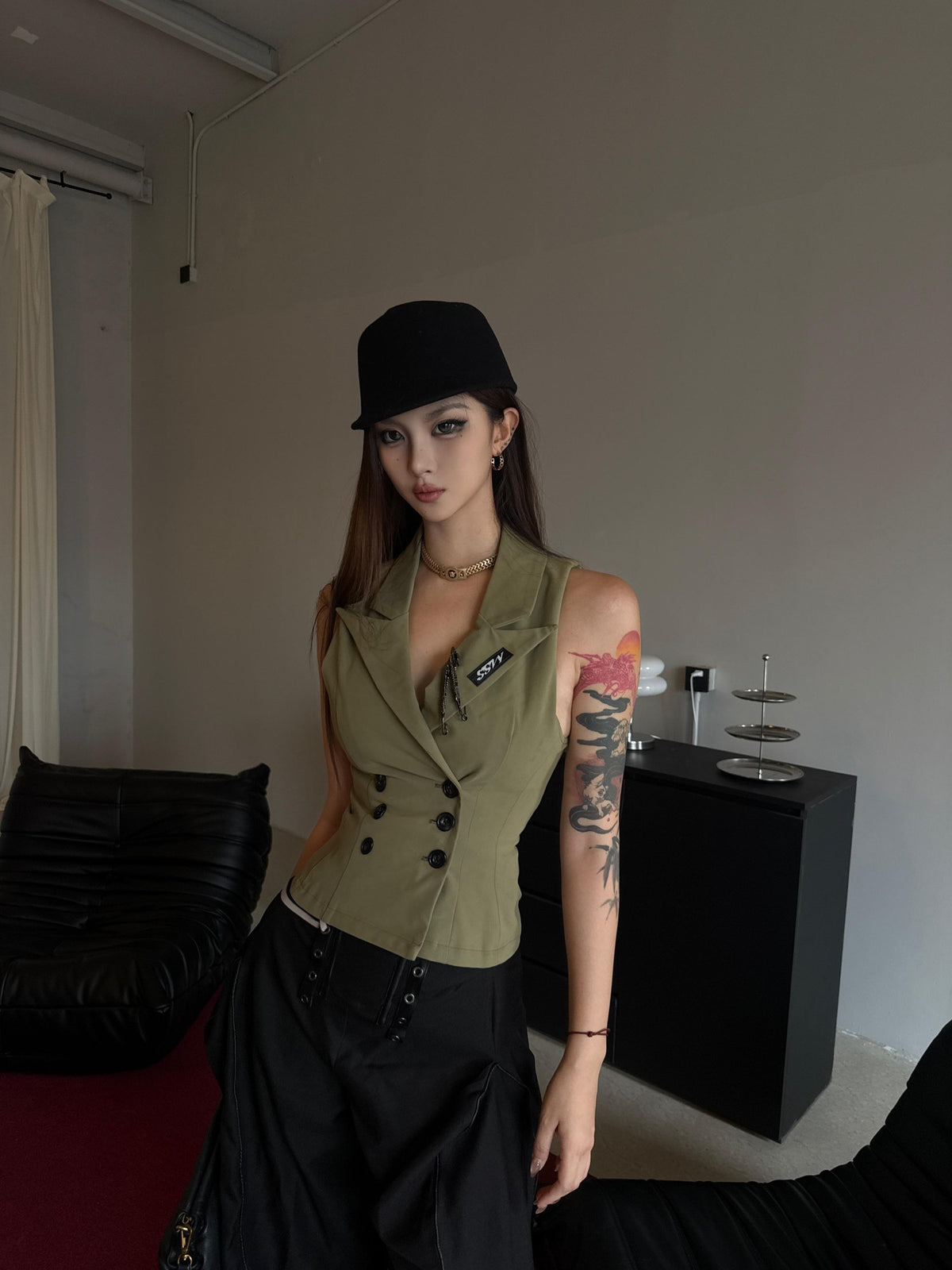 mss studio Double Breasted Waist Cinch Lapel Suede Women&