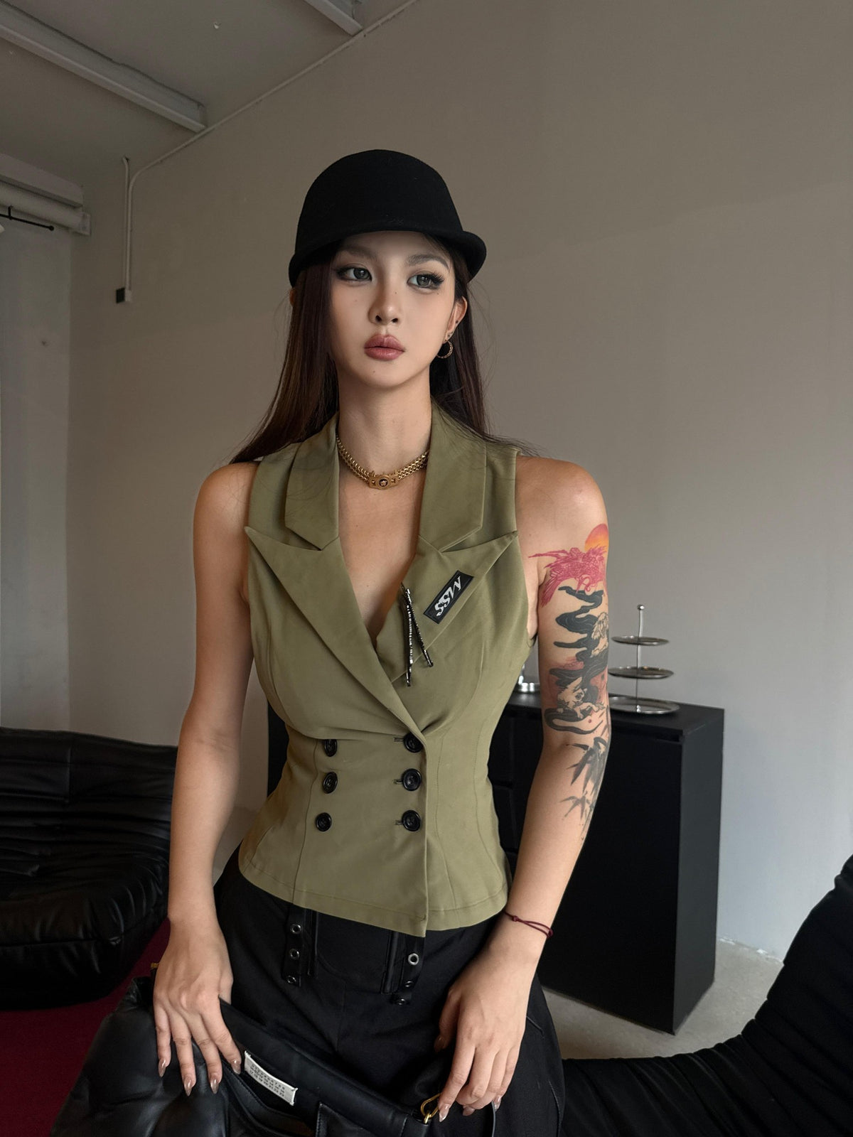 mss studio Double Breasted Waist Cinch Lapel Suede Women&