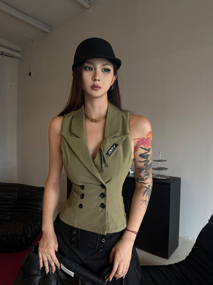 mss studio Double Breasted Waist Cinch Lapel Suede Women&