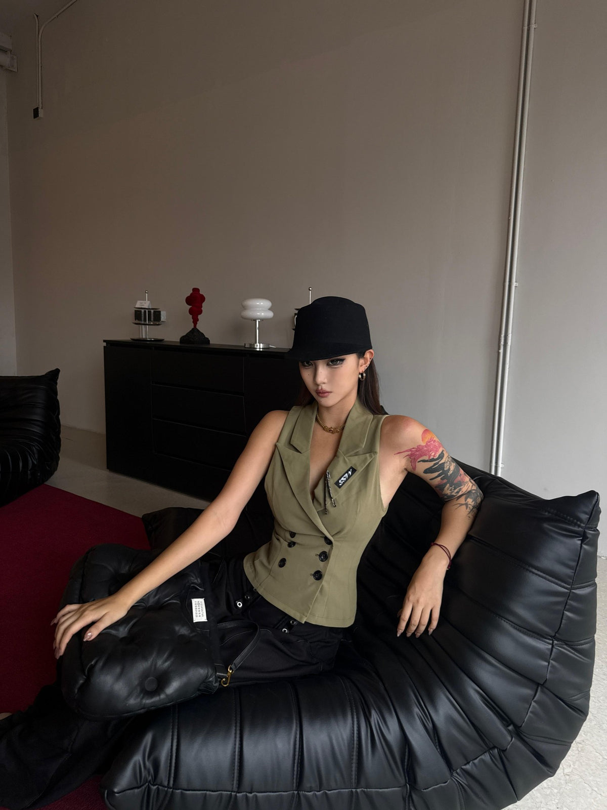 mss studio Double Breasted Waist Cinch Lapel Suede Women&