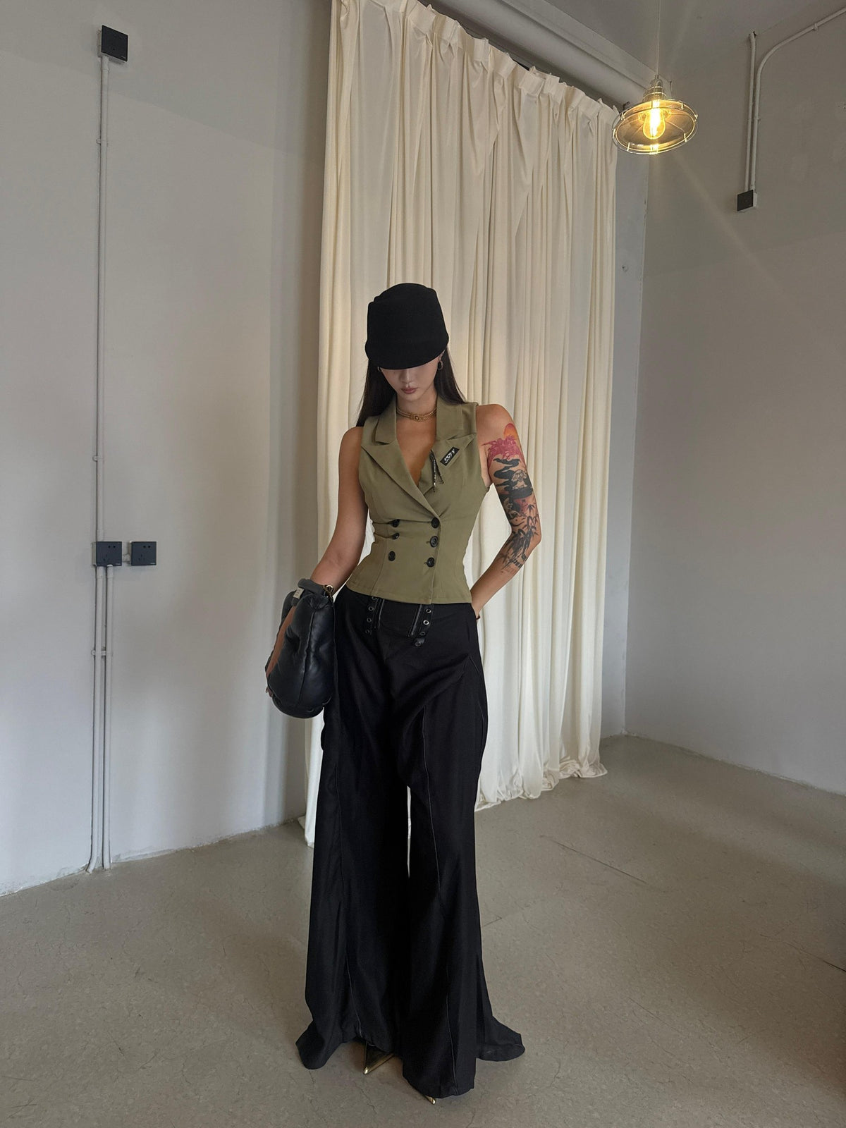 mss studio Double Breasted Waist Cinch Lapel Suede Women&