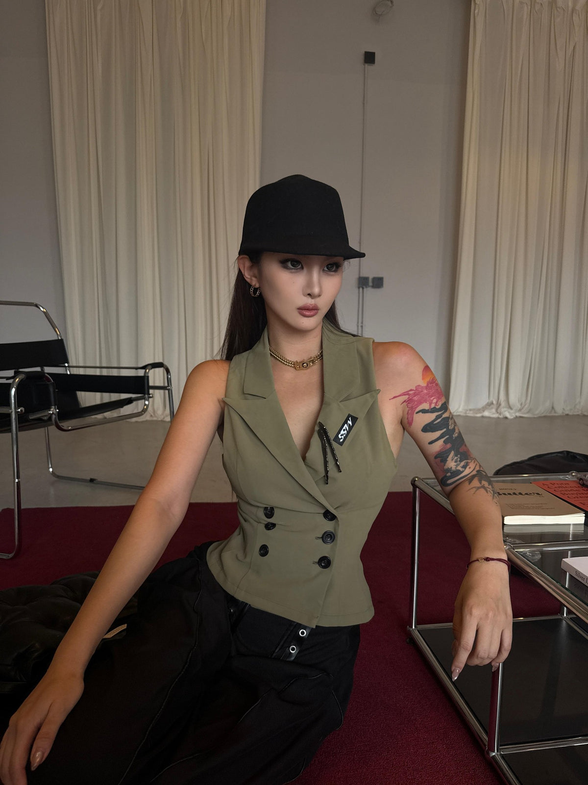 mss studio Double Breasted Waist Cinch Lapel Suede Women&
