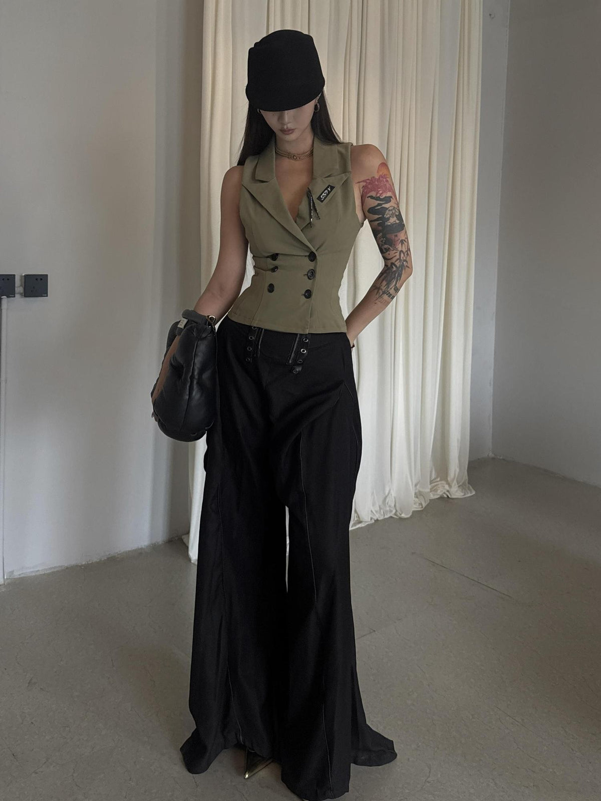 mss studio Double Breasted Waist Cinch Lapel Suede Women&