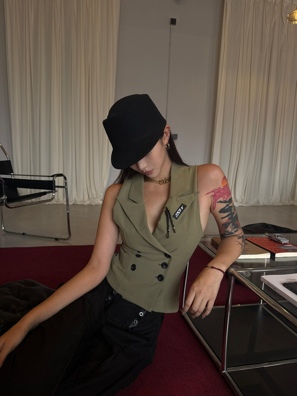 mss studio Double Breasted Waist Cinch Lapel Suede Women&