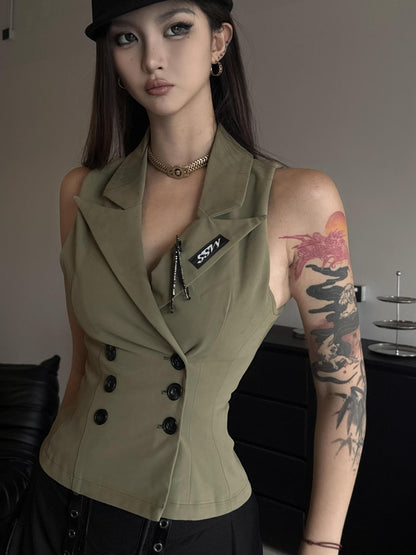 mss studio Double Breasted Waist Cinch Lapel Suede Women&