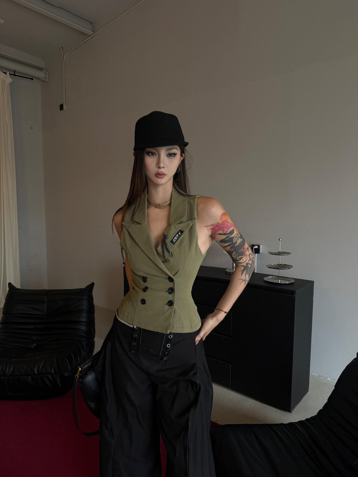 mss studio Double Breasted Waist Cinch Lapel Suede Women&