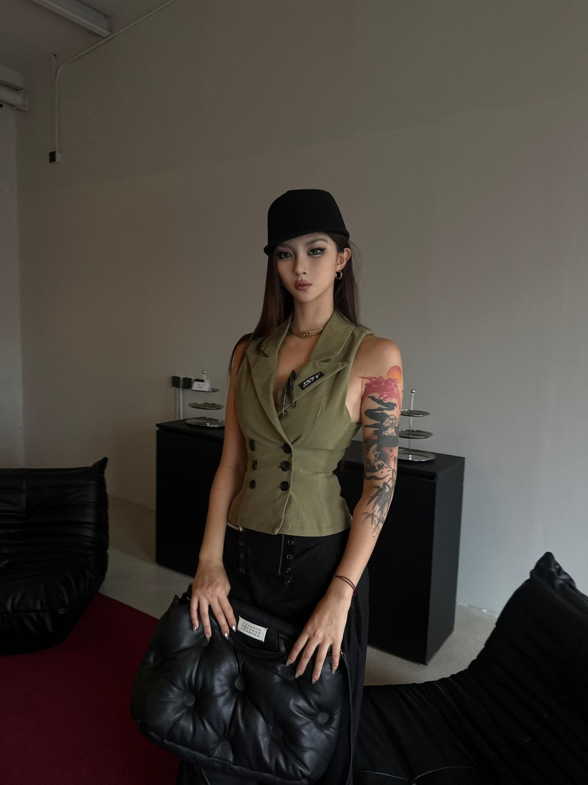 mss studio Double Breasted Waist Cinch Lapel Suede Women&