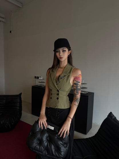 mss studio Double Breasted Waist Cinch Lapel Suede Women&