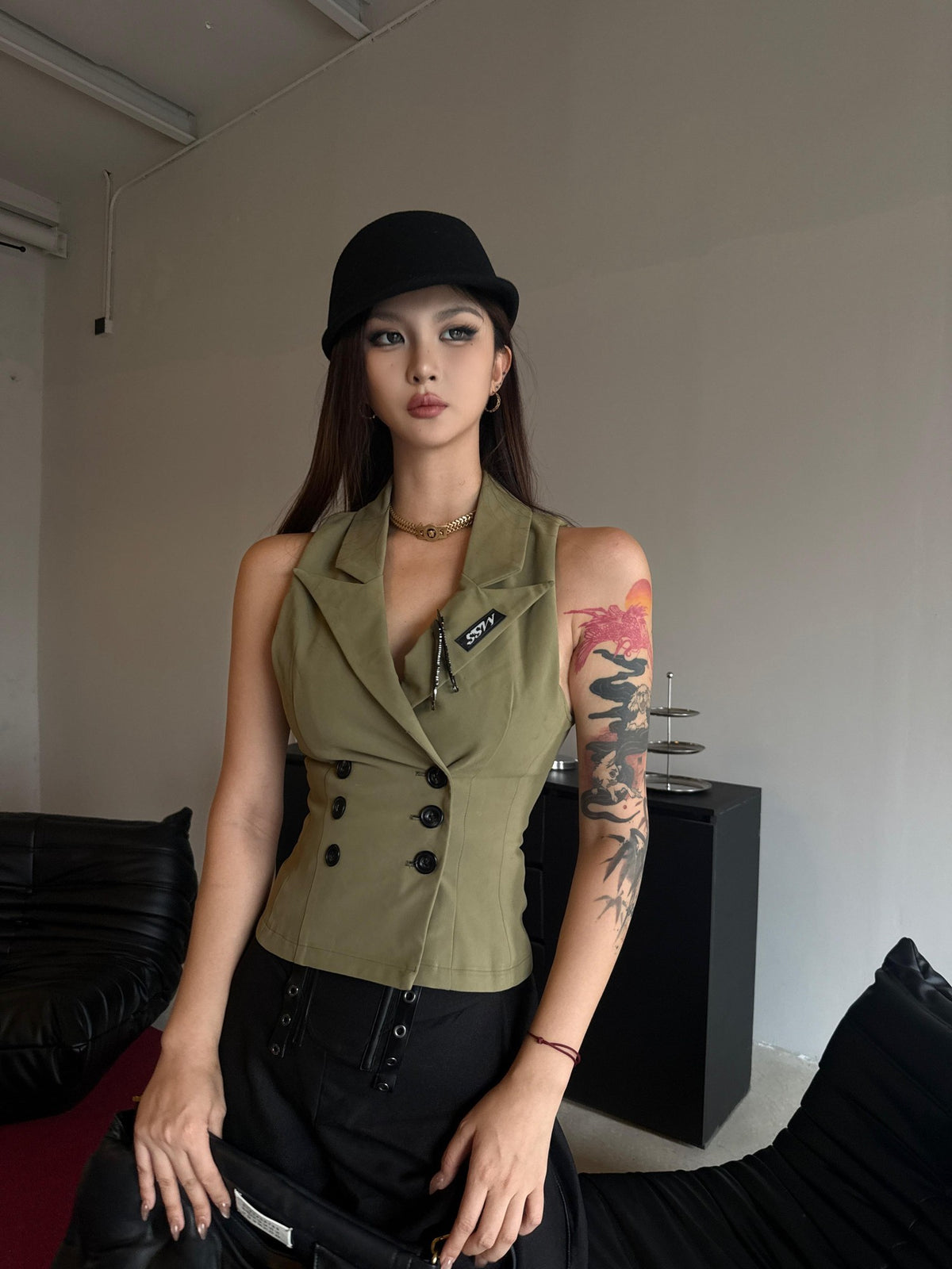 mss studio Double Breasted Waist Cinch Lapel Suede Women&