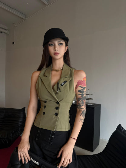 mss studio Double Breasted Waist Cinch Lapel Suede Women&