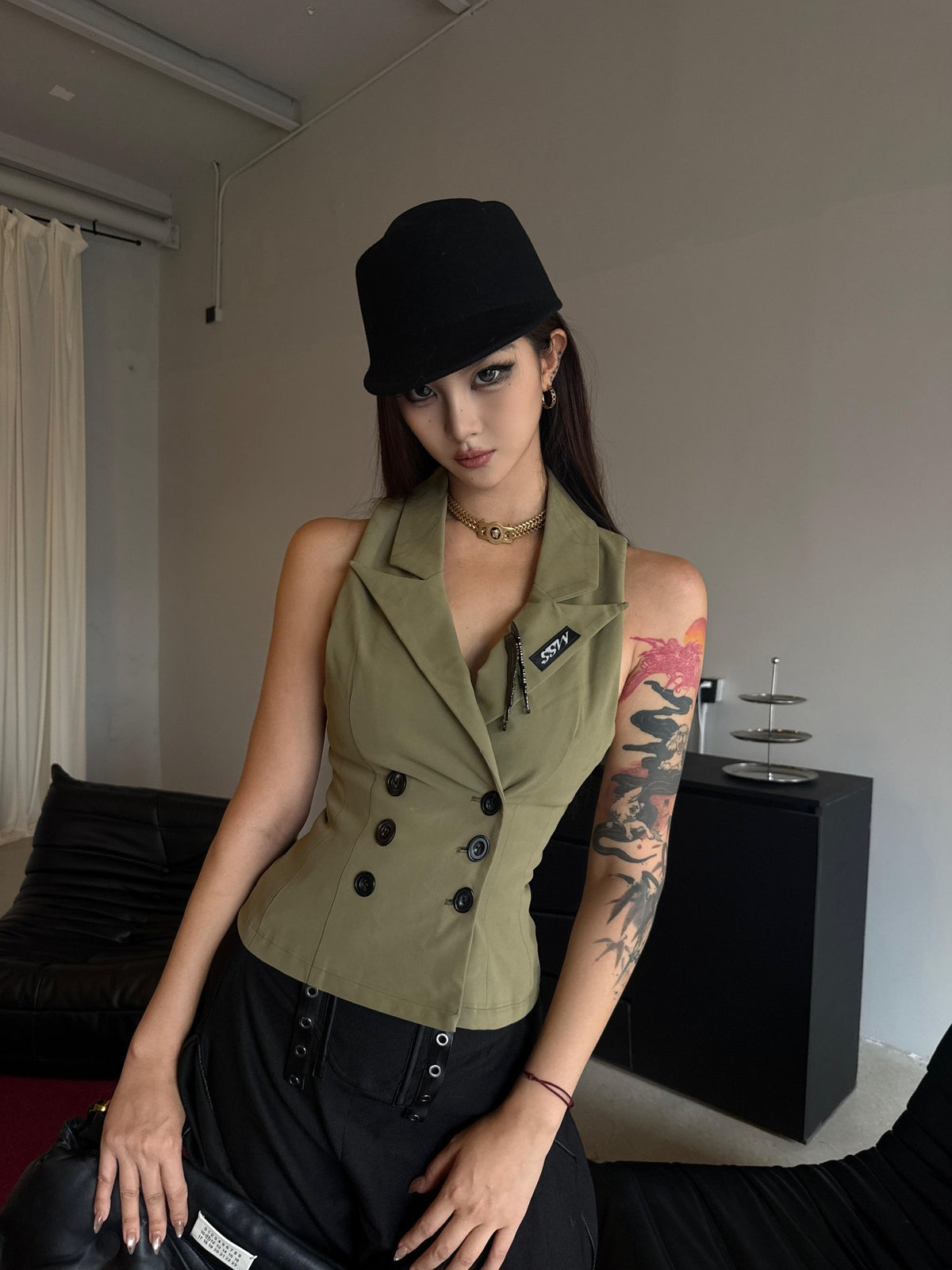 mss studio Double Breasted Waist Cinch Lapel Suede Women&